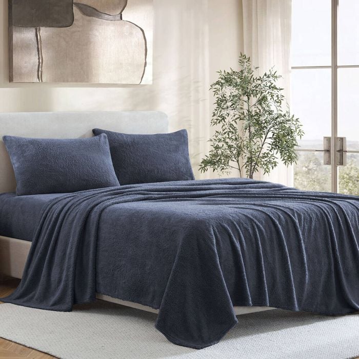 Ardor Boudoir Single Teddy Fleece Bed Sheet w/ Pillowcase Set - Navy