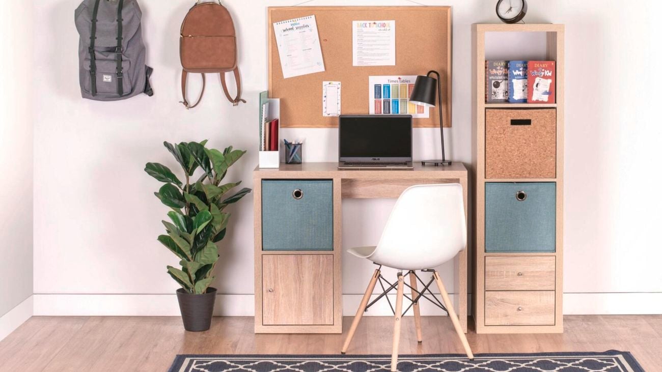 Study space with timber desk and timber cube storage unit