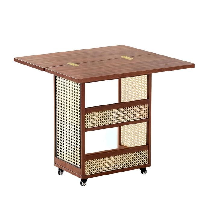Lauft Folding Bamboo Wood Kitchen Side Table w/ Shelves, Rolling End Table