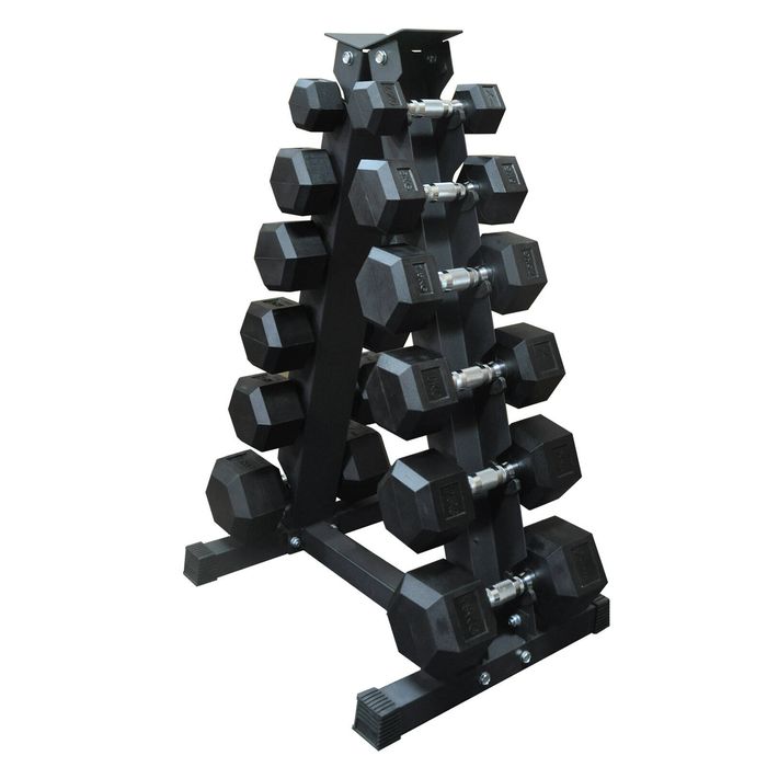 105kg - 6 Pair Hex Rubber Dumbell Weight Set With 4_6p Rack
