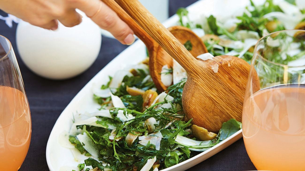 Rocket, fennel, olive and parmesan salad.