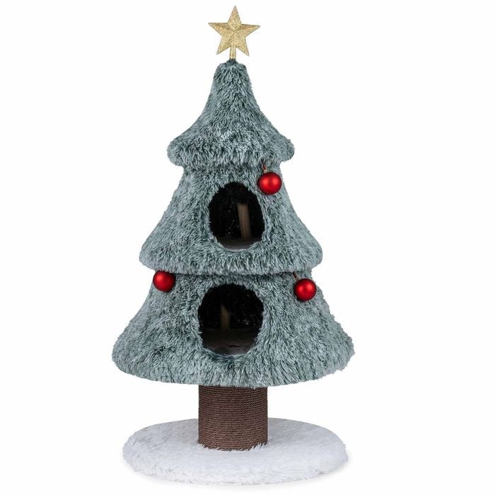Costway 123cm Christmas Cat Tree W/2 Condos Xmas Balls Star Decoration