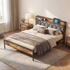 Advwin Bed Frame Double Size with Charging Station and USB Ports Storage Tufted Headboard Shelf