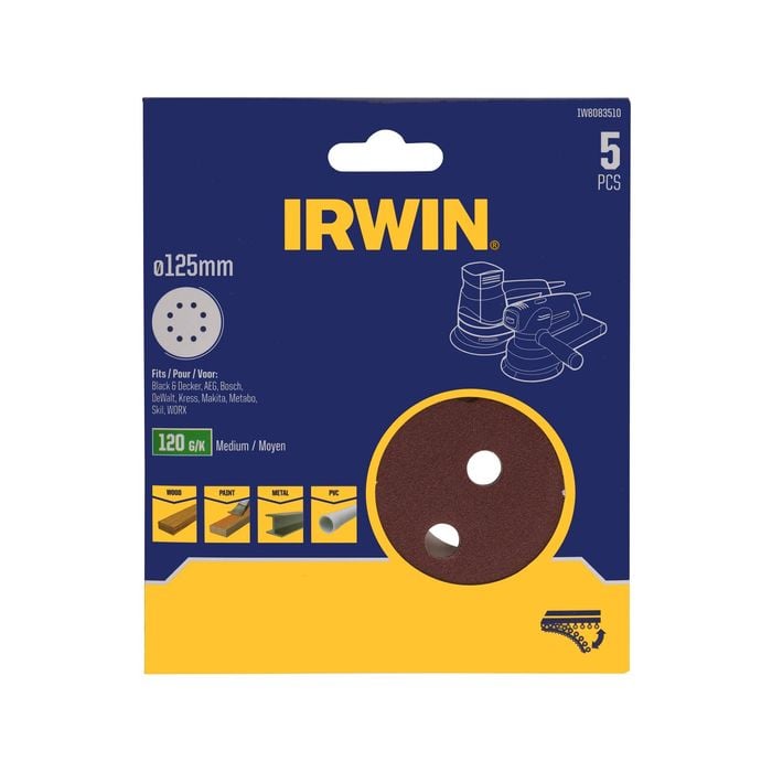 IRWIN 125mm 120g Quick Fit 8 Hole ROS Disc - 5 Pack