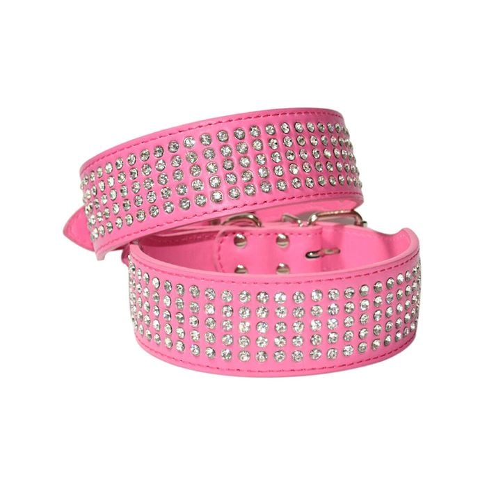Cottonmore Dog Leather Collar Five Row Blingbling Rhinestones Diamante Collar Hotpink - S