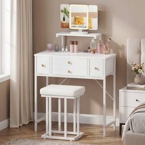 Advwin Dressing Table With Led Mirror 4-drawer Height-adjustable Stand White
