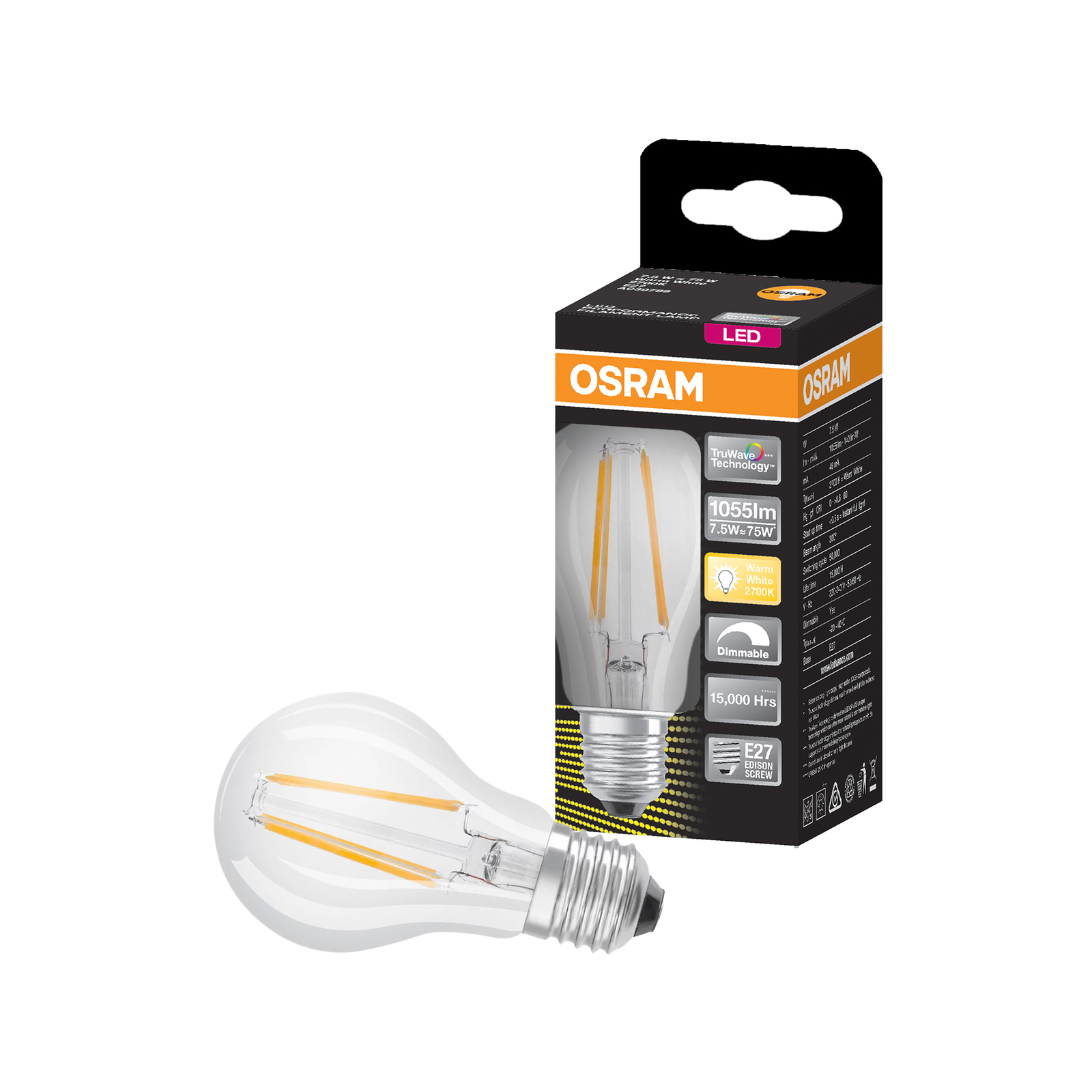 Osram A Shape Filament Dimmable ES LED 1055lm Warm White 7.5W Light Globe - 1 Pack