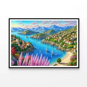 Town, Lake, Trees, Mountains   Print 100% Australian Made 120x90cm  (Poster)
