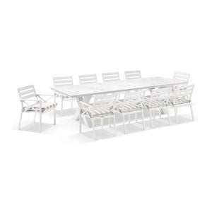 Kansas Outdoor Ceramic 3m Aluminium Dining Table Setting White With 10 Chairs & Heather Beige Cushions