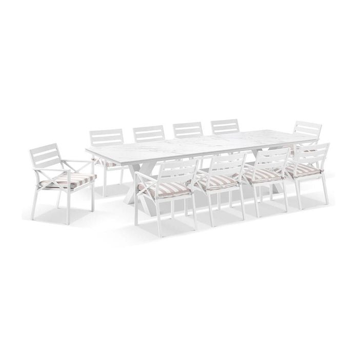 Kansas Outdoor Ceramic 3m Aluminium Dining Table Setting White With 10 Chairs & Heather Beige Cushions