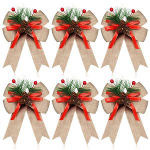 Catzon 6 Pcs Christmas Bows with Pine Cones Pine Needles for Xmas Tree Wreath Decor-Yellow