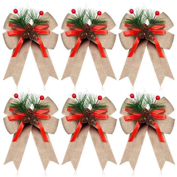 Catzon 6 Pcs Christmas Bows with Pine Cones Pine Needles for Xmas Tree Wreath Decor-Yellow