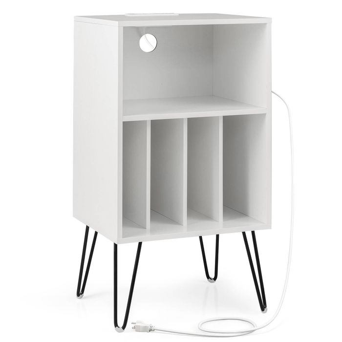 Costway Record Player Stand w/Charging Station Side Table White