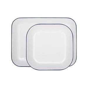Argon Tableware Enamel Baking Tray Set - Blue Rim - 2pc Lightweight Metal Enamel Oven Tray Kitchen Bakeware Flat Cooking Pan