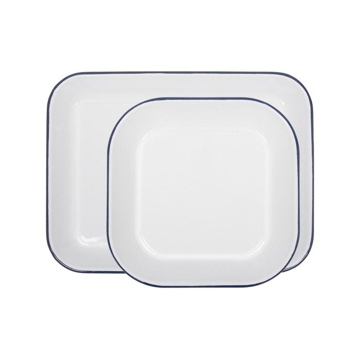 Argon Tableware Enamel Baking Tray Set - Blue Rim - 2pc Lightweight Metal Enamel Oven Tray Kitchen Bakeware Flat Cooking Pan