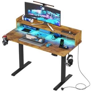 Ufurniture LED Light Electric Standing Desk with Power Outlets Sit Stand up Computer Workstation with Monitor Shelf Rustic Brown