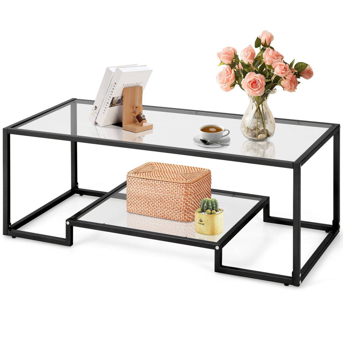 Costway Rectangular Coffee Table Tempered Glass Black - Bunnings Australia