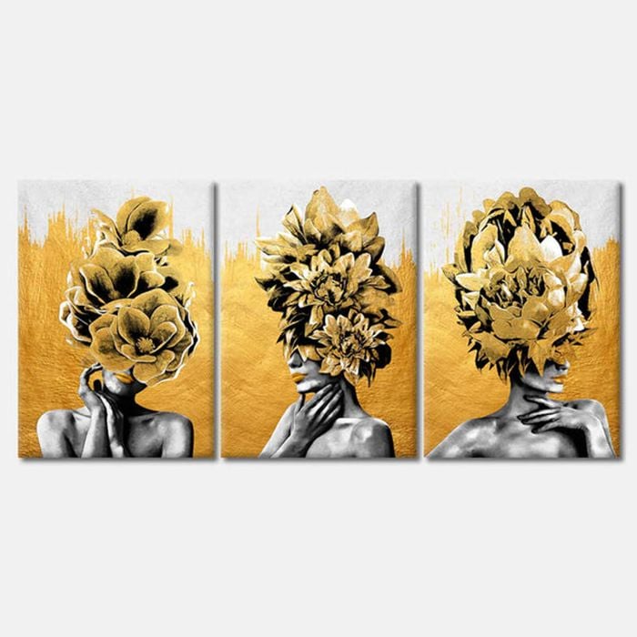3 Set of Gold Girl Figure Print 100% Australian Made 3 x 60x90cm (Stretched Canvas)