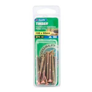 Zenith 10G x 50mm Gold Passivated Timber Countersunk Head Screw - 16 Pack