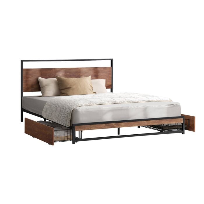 Oikiture Metal Bed Frame Double Size Beds Base Platform With 2 Drawers Black