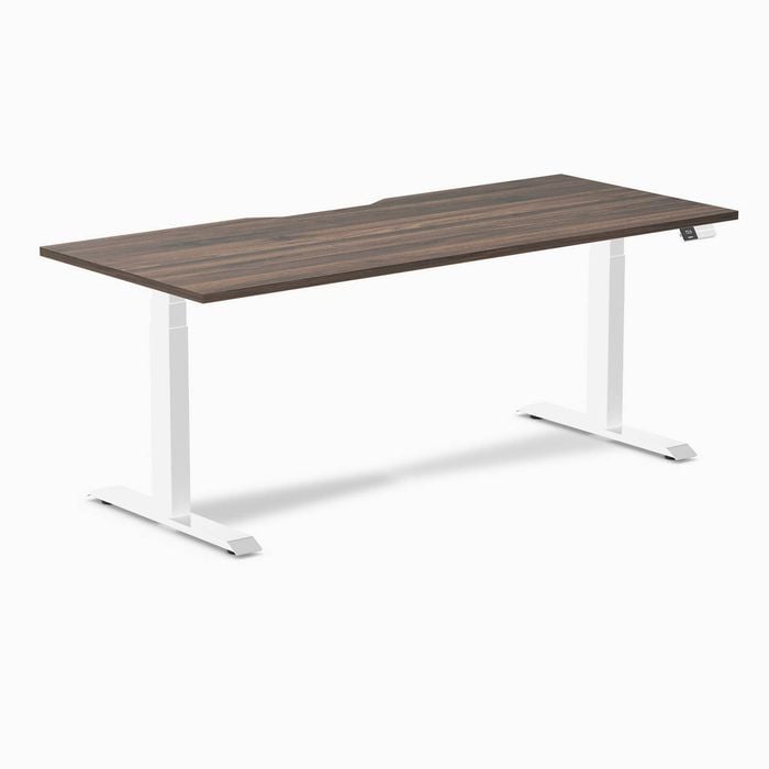 Desky Dual Jarrah Legno Scalloped Melamine Sit Stand Desk 180x75cm White Frame Leg