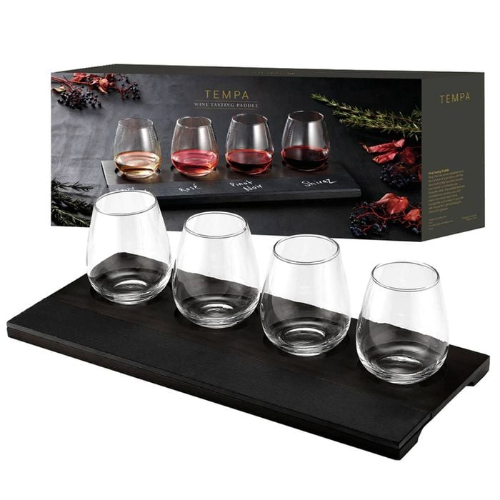 5pc Tempa Atticus Wooden Wine Tasting Paddle & Glass Set 375ml Black