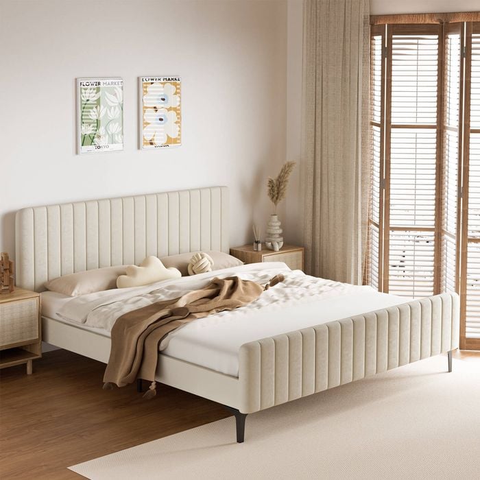Oikiture Bed Frame Base Velvet Fabric Beige ROYO - King