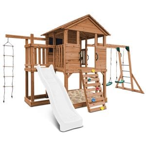 Lifespan Kids Kingston Cubby House, Monkey Bars, Swing Set with  2.2m Pastel White Slide