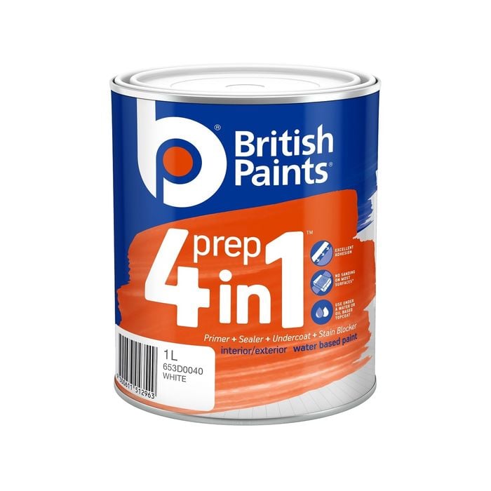 British Paints 1L White Water Based Prep 4 In 1 Primer Sealer Undercoat