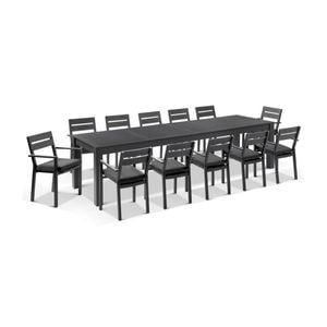 Santorini 12 Seater Outdoor Aluminium Dining Table And Chairs Setting Charcoal & Denim Grey Cushions