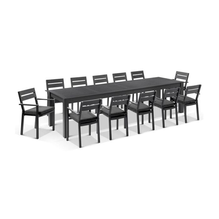 Santorini 12 Seater Outdoor Aluminium Dining Table And Chairs Setting Charcoal & Denim Grey Cushions