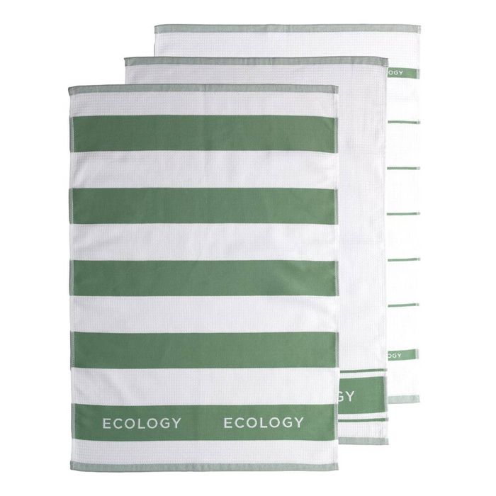 3pc Ecology Fold Striped Kitchen Tea Towels 100% Cotton 50 x 75cm Sage