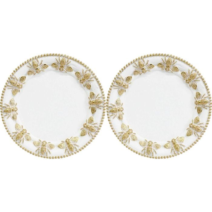 2PK LVD Resin Bumble Bee Border Round Trinket Dish Display Tray 14cm Gold/White