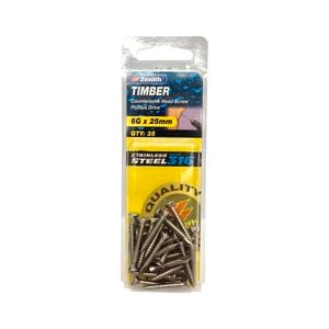 Zenith 6G x 25mm 316 Stainless Steel Countersunk Head Timber Screws - 35 Pack