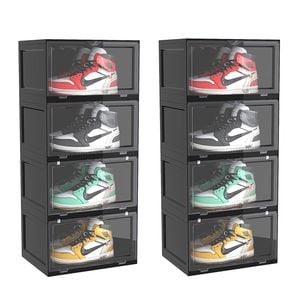Soga 2x 4-tier Black Shoe Organiser Stackable Folding Storage Box Magnetic Door