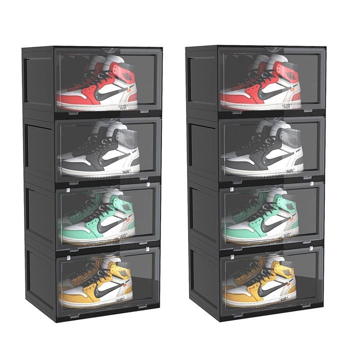 Soga 2x 4-tier Black Shoe Organiser Stackable Folding Storage Box Magnetic Door