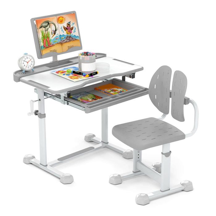 Costway Kids Study Desk & Chair Set Tilt Writing Table w/Book Stand Grey