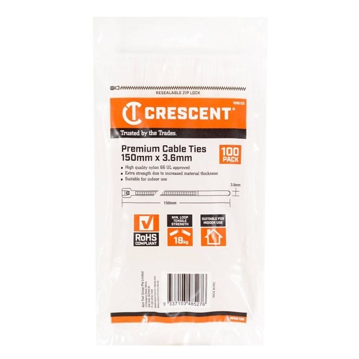 Crescent 150 x 3.6mm White Cable Tie - 100 Pack