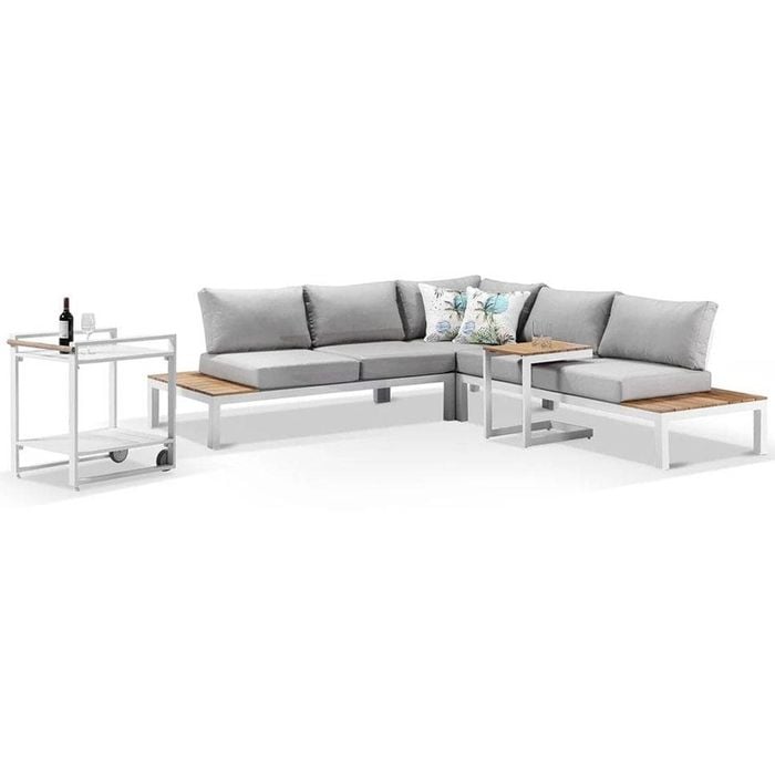 Nova Lounge Bar Cart & Side Table White & Olefin Grey Cushions