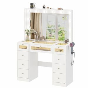 Advwin Makeup Vanity w/ Mirror Charging Station LED Glass Top & 9 Drawer White