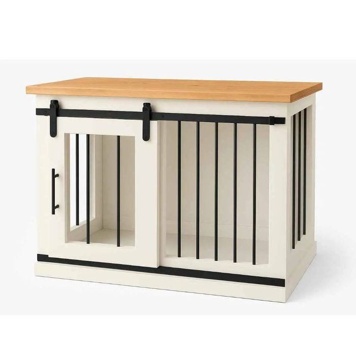 Paws and Willow Single Arctic White with Natural Top Wooden Dog Crate Barn Doors with Bars