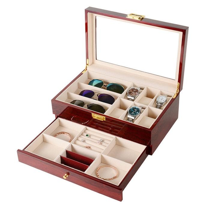 Catzon Watch Box Storage Case Wooden Jewellery Display Organizer-2layer