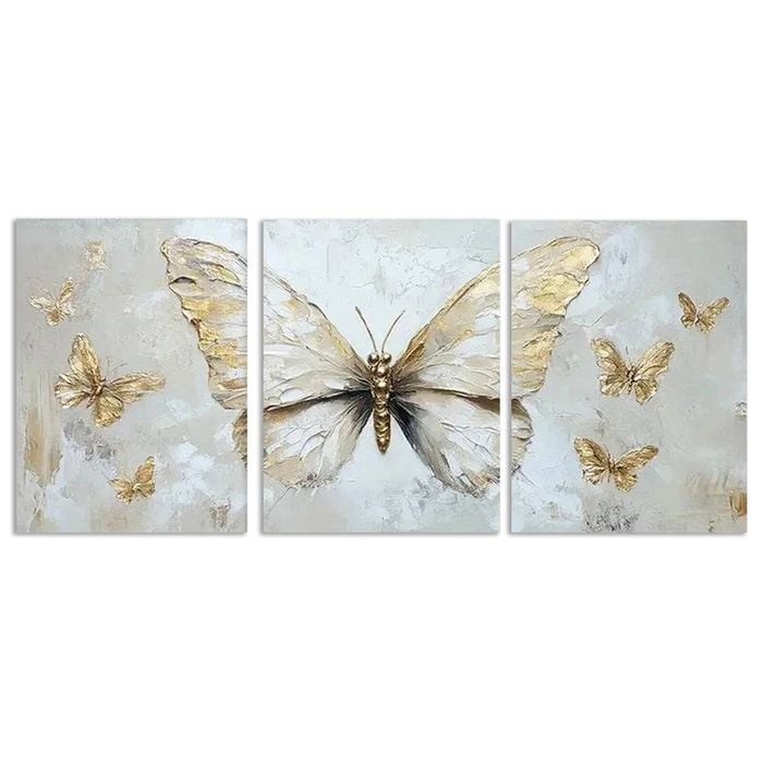 3pcs Butterfly Oil Painting in Gold Leaf Print 100% Australian Made 3 x 40x60cm (Metal Print)