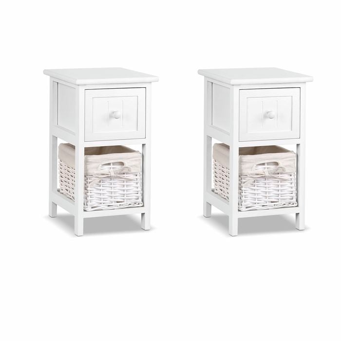 Artiss Claire Set of 2 30 x 25 x 45cm White Bedside Tables With Wicker Basket