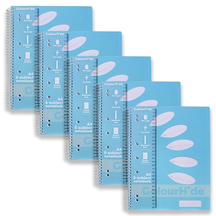 5pc Colourhide 5 Subject A4 Spiral Notebook Writing Stationery 250-pages Blue