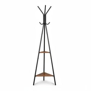 Black Coat Rack Stand Industrial Style 2 Shelves Clothes