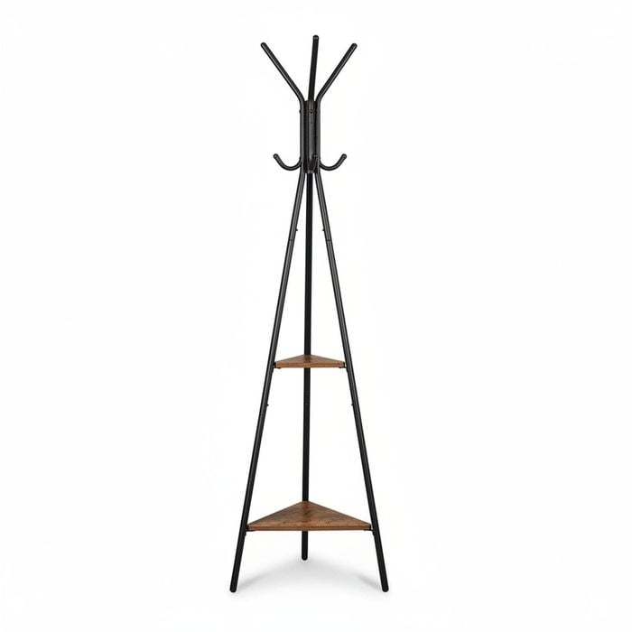Black Coat Rack Stand Industrial Style 2 Shelves Clothes