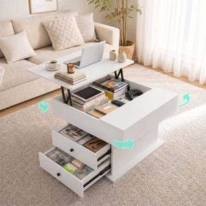 HOMFURN Lift Top Coffee Table – 180° Rotating Top, Hidden Storage + 2 Drawers, White