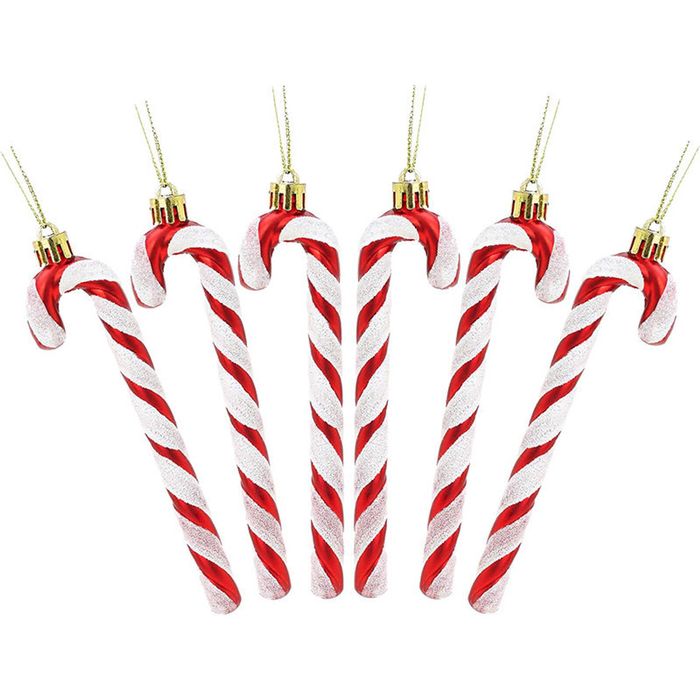 Catzon 6 Pcs Glitter Candy Cane Christmas Ornaments with Golden Ropes-Red