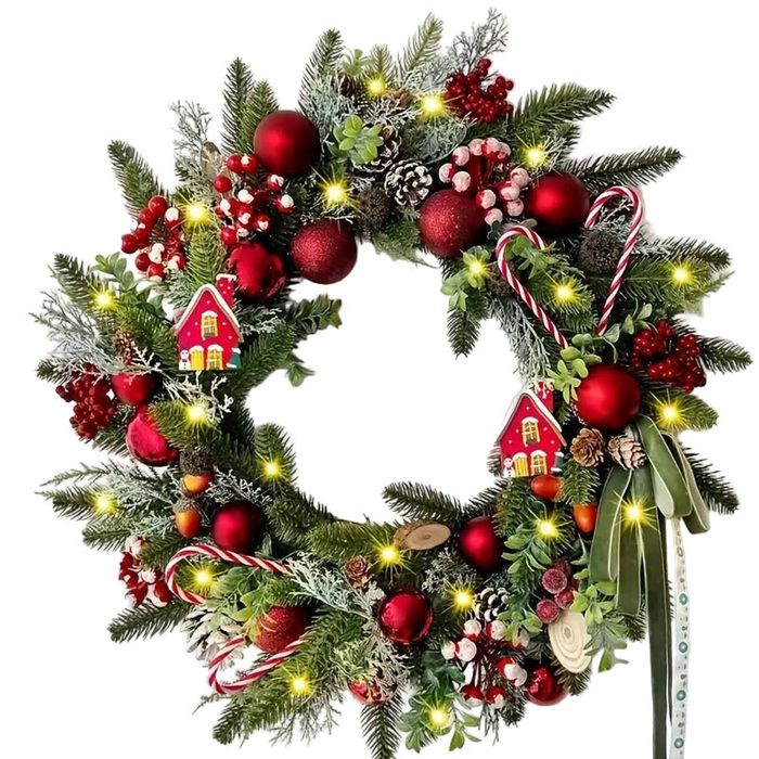 Lifebay Christmas Wreath with Red Berries, Pine Cones & Candy Accents
